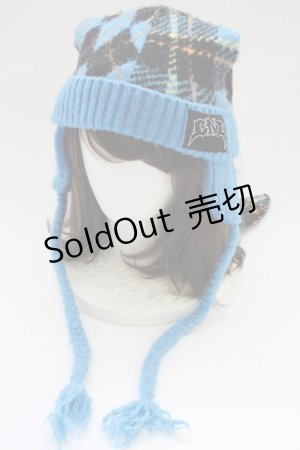 画像: Candy Stripper / FLUFFY CHECK BUNNY EAR BEANIE  ブルー T-25-06-29-009-PU-AC-OW-ZT