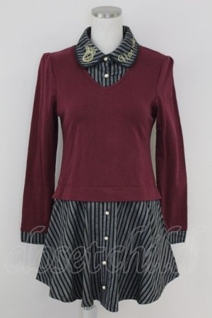 画像: axes femme POETIQUE / ストライプブラウス重ね着風ワンピース  ボルドーＸグレー T-25-07-09-021-AX-OP-SA-ZT