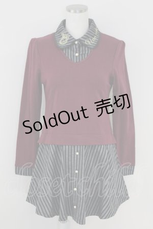 画像: axes femme POETIQUE / ストライプブラウス重ね着風ワンピース  ボルドーＸグレー T-25-07-09-021-AX-OP-SA-ZI