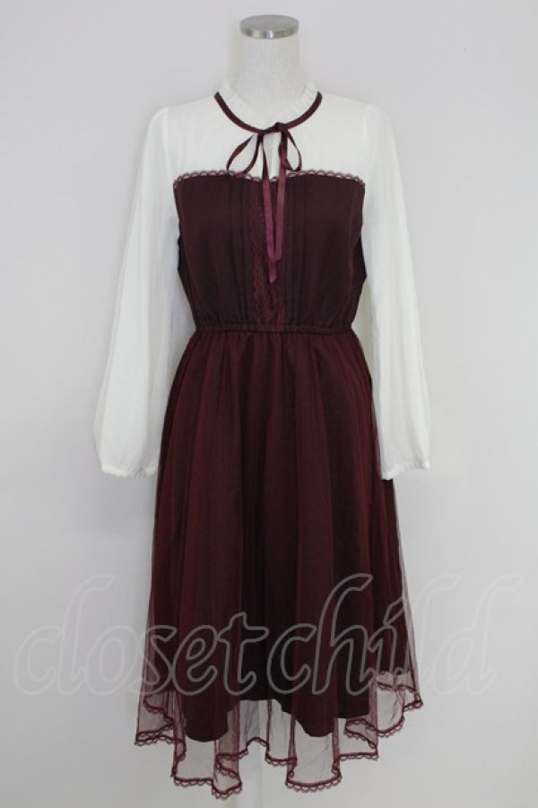 画像1: axes femme POETIQUE / チュールデザインワンピース M ボルドー T-25-07-22-011-AX-OP-SA-ZT381 (1)