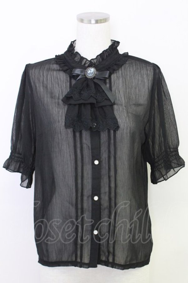 画像1: axes femme / カメオ×ジャボブローチ付ブラウス  ブラック T-25-07-31-011-AX-BL-SA-ZT (1)