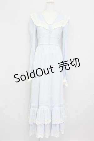 画像: LACE MADE / フラワー刺繍長袖ワンピース M サックスＸ白 T-25-08-06-020-LO-OP-SA-ZI