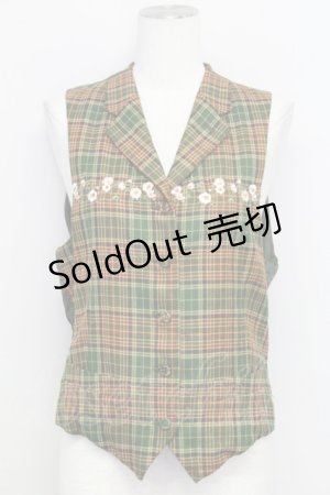 画像: PINK HOUSE / フラワー刺繍チェックベスト  グリーンＸブラウン T-25-08-06-012-LO-TO-SA-ZI