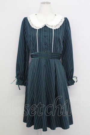 画像: axes femme POETIQUE / レース襟ストライプ長袖ワンピース  グリーンＸ白 T-25-08-12-023-AX-OP-SA-ZT
