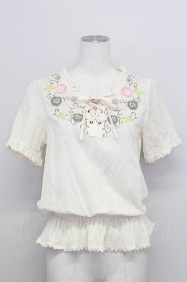 画像1: axes femme / 胸元刺繍編み上げトップス  アイボリー T-25-08-12-002-AX-TO-SA-ZI (1)