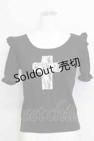 画像: Ank Rouge / クロスレース半袖ニットトップス  黒Ｘ白 T-25-08-16-013-CA-TO-SA-ZI