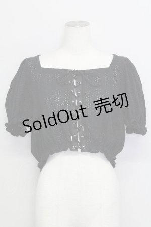 画像: E hyphen world gallery / フロント編み上げレース半袖トップス M 黒 T-25-08-16-016-LO-TO-SA-ZI
