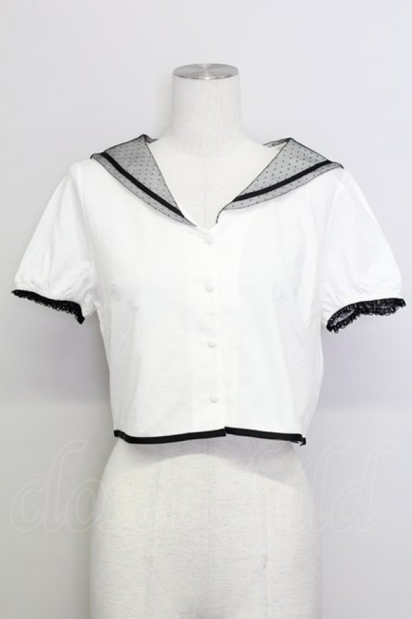 画像1: E hyphen world gallery / ドットチュールセーラー襟半袖ブラウス  白Ｘ黒 T-25-08-16-002-LO-BL-SA-ZT (1)