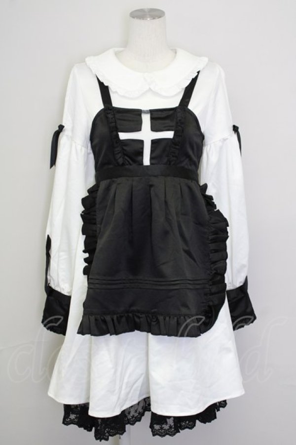 画像1: Luna Planetarium(海外ロリータブランド) / クロスエプロン付きワンピース  白Ｘ黒 T-25-08-30-027-LO-CO-SA-ZI (1)