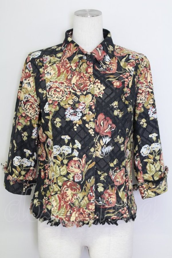 画像1: INGEBORG / フラワープリントチェックジャケット  黒Ｘブラウン T-25-08-30-009-LO-JA-SA-ZI (1)