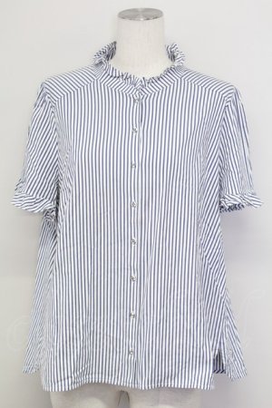 画像: Franche Lippee / ストライプ立ち襟半袖ブラウス  青ｘ白 T-25-08-30-015-LO-BL-SA-ZT