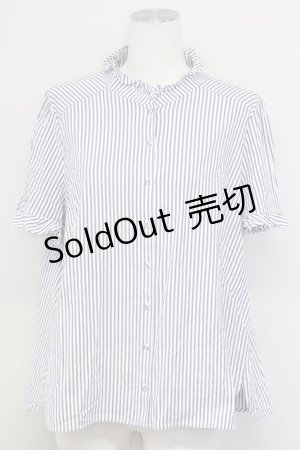 画像: Franche Lippee / ストライプ立ち襟半袖ブラウス  青ｘ白 T-25-08-30-015-LO-BL-SA-ZI