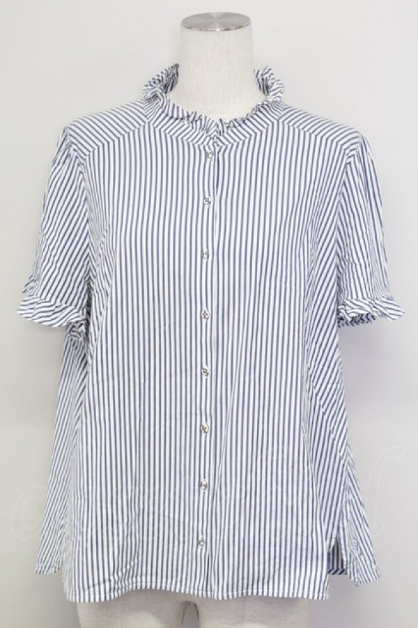 画像1: Franche Lippee / ストライプ立ち襟半袖ブラウス  青ｘ白 T-25-08-30-015-LO-BL-SA-ZI (1)