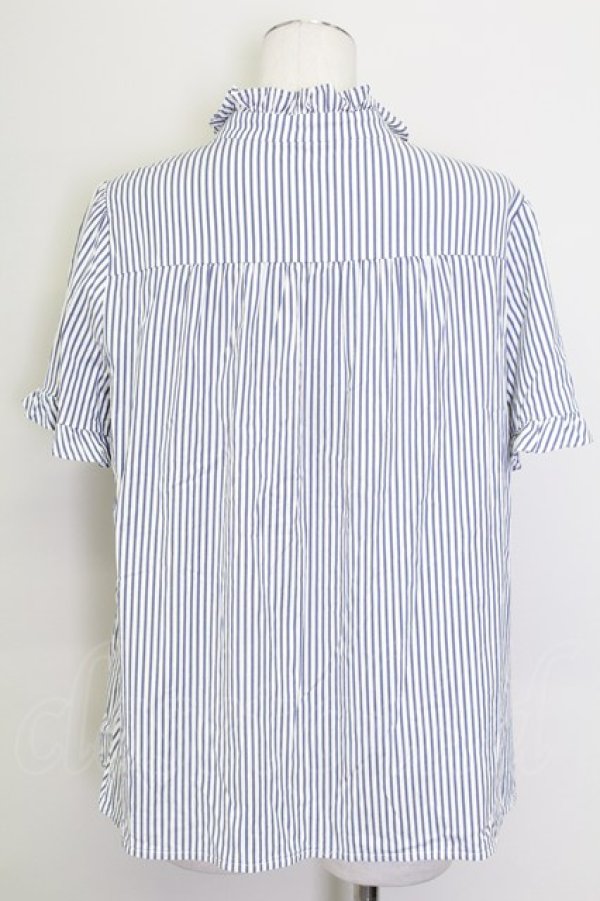 画像2: Franche Lippee / ストライプ立ち襟半袖ブラウス  青ｘ白 T-25-08-30-015-LO-BL-SA-ZI (2)