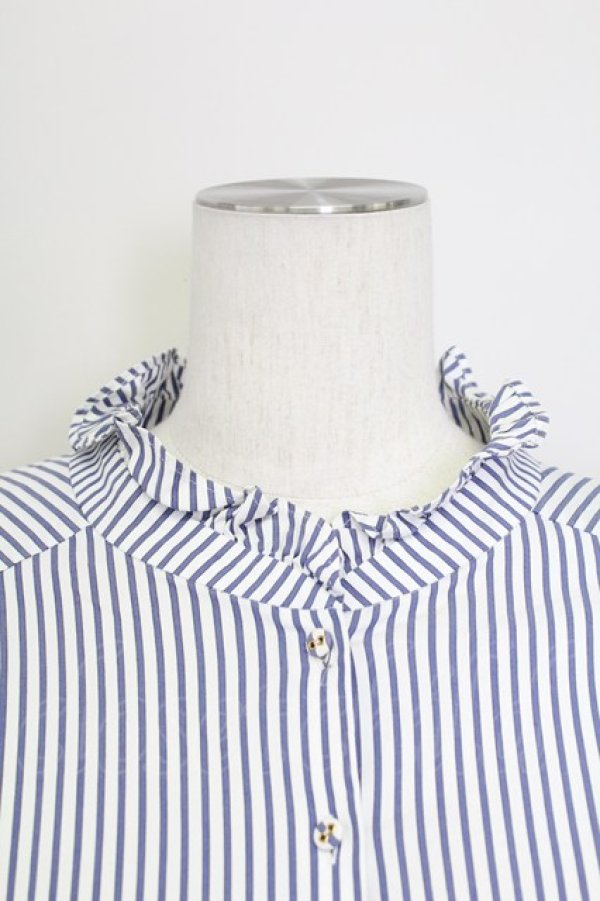 画像3: Franche Lippee / ストライプ立ち襟半袖ブラウス  青ｘ白 T-25-08-30-015-LO-BL-SA-ZI (3)