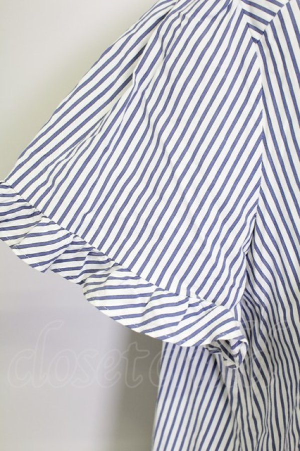 画像4: Franche Lippee / ストライプ立ち襟半袖ブラウス  青ｘ白 T-25-08-30-015-LO-BL-SA-ZI (4)