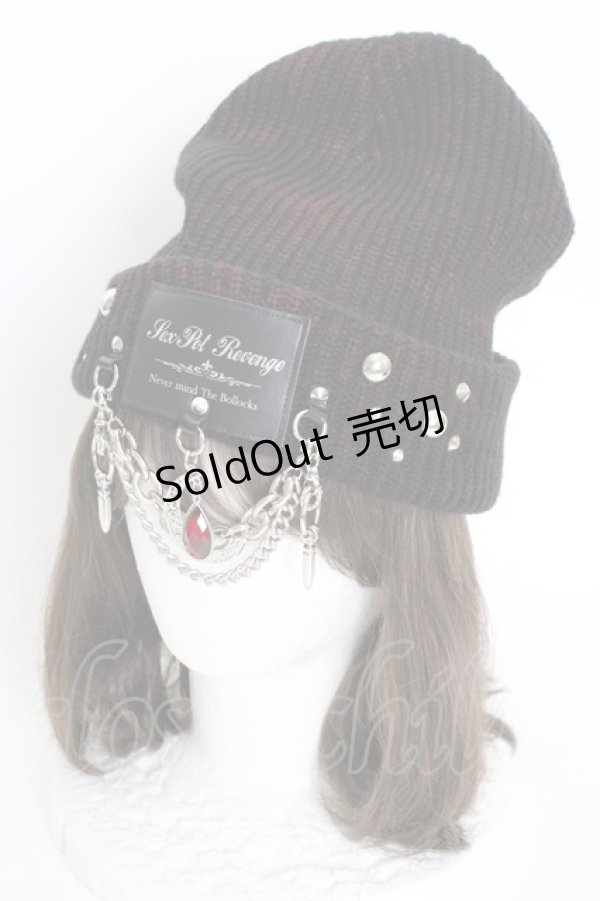 画像1: SEX POT ReVeNGe / チェーンワッペンニット帽  黒Ｘ赤Ｘシルバー T-25-09-12-026-SP-AC-SA-ZI (1)