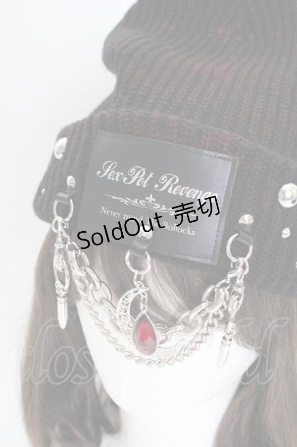 画像3: SEX POT ReVeNGe / チェーンワッペンニット帽  黒Ｘ赤Ｘシルバー T-25-09-12-026-SP-AC-SA-ZI (3)