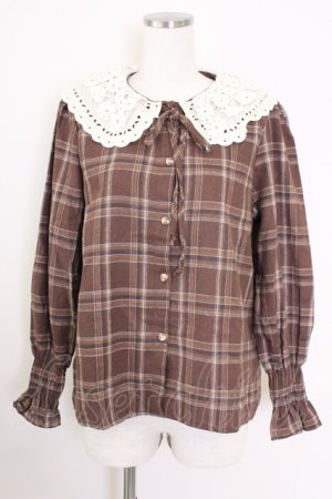 画像: axes femme / 襟デザインチェックブラウス M 茶 T-25-09-14-013-AX-BL-SA-ZT