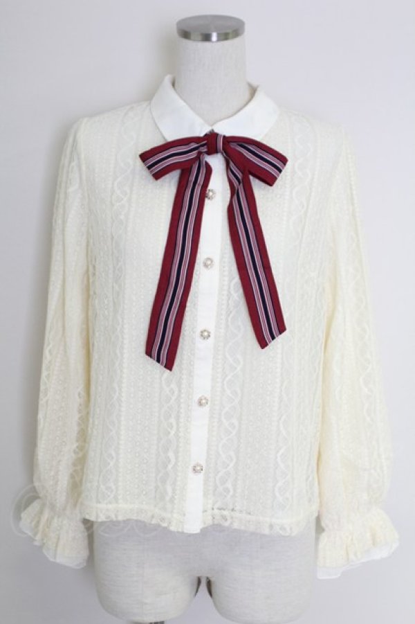 画像1: axes femme POETIQUE / ストライプボウタイレースブラウス  アイボリー T-25-09-21-004-AX-BL-SA-ZI (1)