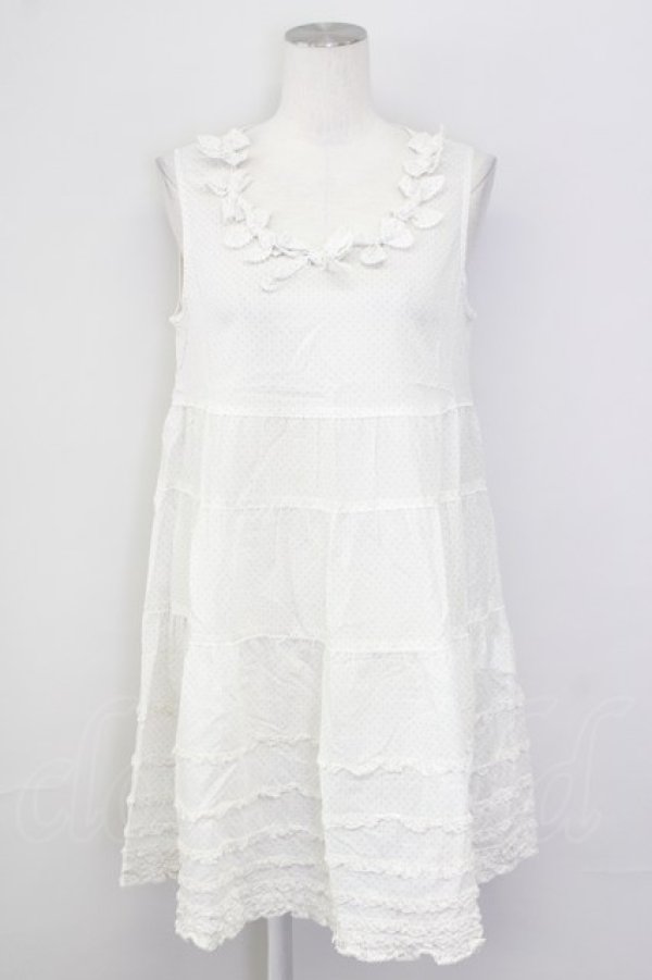 画像1: PINK HOUSE / 襟ぐりリボン水玉ノースリーブワンピース  ホワイト×ベージュ T-25-09-26-005-LO-OP-SA-ZT443 (1)