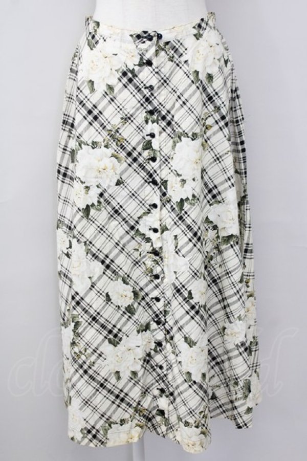 画像1: INGEBORG / モノトーンチェック&フラワーゴムスカート  ホワイト T-25-09-26-013-LO-SK-SA-ZT442 (1)