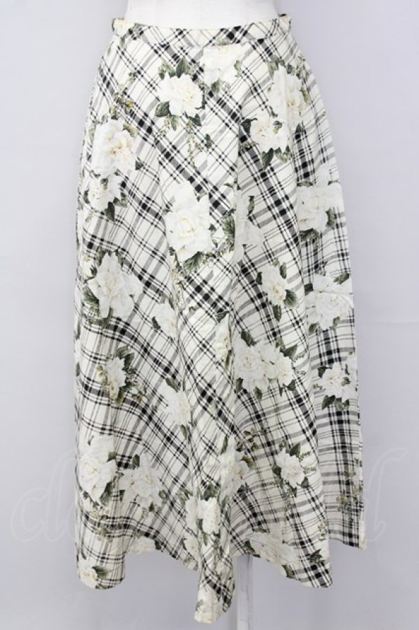 画像2: INGEBORG / モノトーンチェック&フラワーゴムスカート  ホワイト T-25-09-26-013-LO-SK-SA-ZT442 (2)