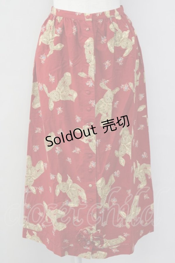 画像1: 【SALE】PINK HOUSE / うさぎぬいぐるみ柄前開きスカート  レッド T-25-09-26-014-LO-SK-SA-ZT442 (1)