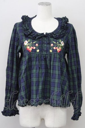 画像: PINK HOUSE / 野ばらとチェリー刺繍タータンブラウス  グリーン T-25-10-10-016-LO-BL-SA-ZT