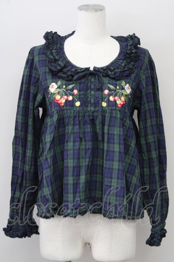 画像1: PINK HOUSE / 野ばらとチェリー刺繍タータンブラウス  グリーン T-25-10-10-016-LO-BL-SA-ZT215 (1)