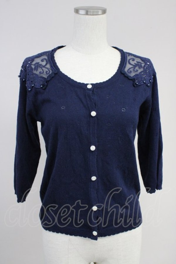 画像1: axes femme / 肩レース透かしニットカーディガン  ネイビー T-25-10-19-019-AX-TO-SA-ZI (1)