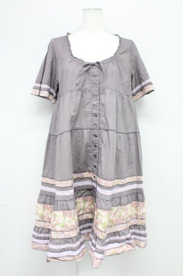 画像1: PINK HOUSE / ローズプリント切替半袖チュニックワンピース  パープル T-25-10-29-004-LO-OP-SA-ZT430 (1)