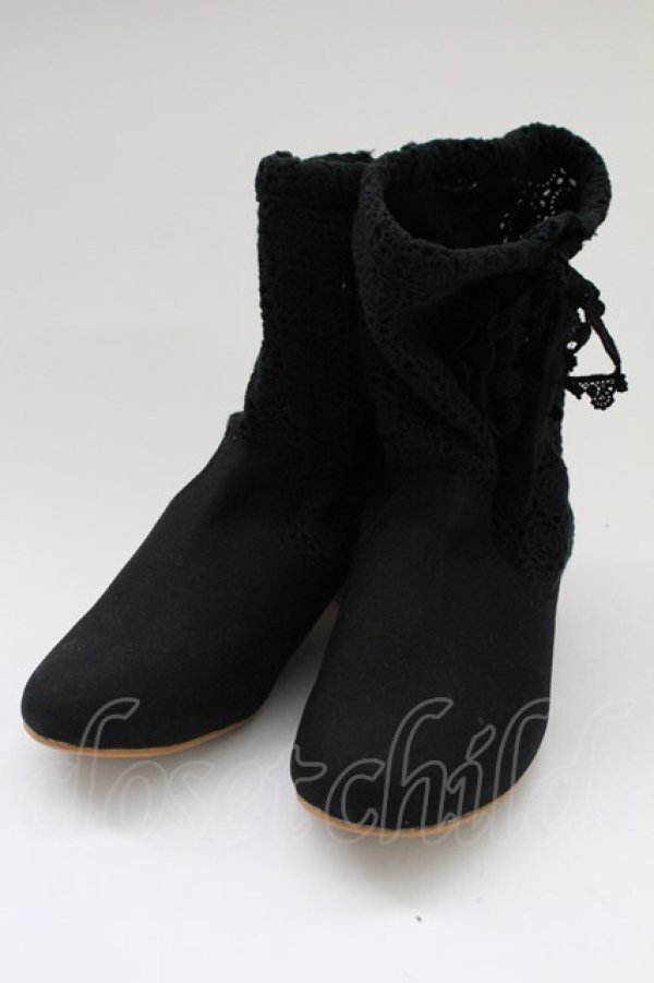 画像1: PINK HOUSE / 綿レースショートブーツ  ブラック T-25-10-29-054-LO-SH-SA-ZT (1)