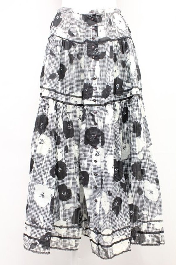 画像1: PINK HOUSE / フラワー千鳥柄スカート  黒X白 T-25-10-29-008-LO-SK-SA-ZT (1)