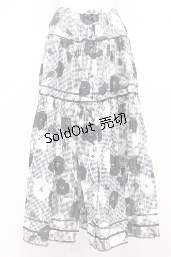 画像1: PINK HOUSE / フラワー千鳥柄スカート  黒X白 T-25-10-29-008-LO-SK-SA-ZT (1)