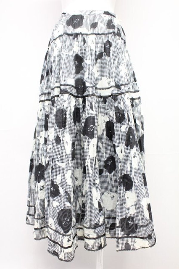 画像2: PINK HOUSE / フラワー千鳥柄スカート  黒X白 T-25-10-29-008-LO-SK-SA-ZT (2)
