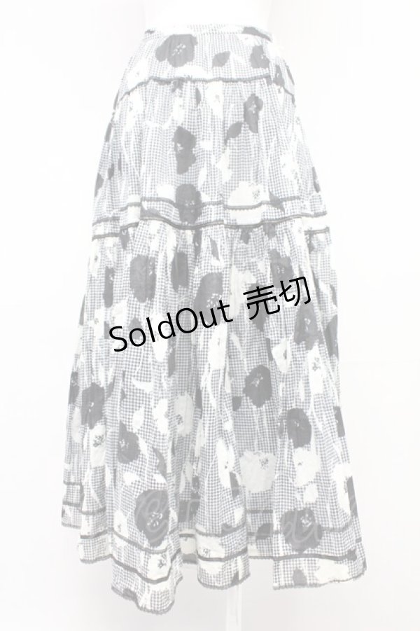 画像2: PINK HOUSE / フラワー千鳥柄スカート  黒X白 T-25-10-29-008-LO-SK-SA-ZT (2)