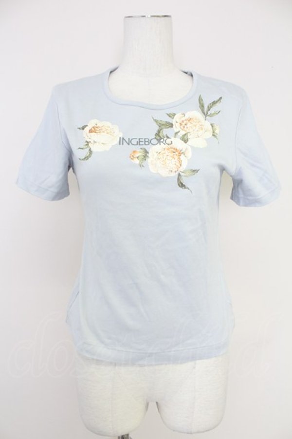 画像1: INGEBORG / フラワーロゴ半袖カットソー  ブルーＸ白 T-25-10-30-003-LO-TO-SA-ZI (1)