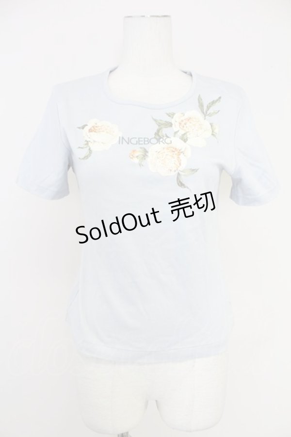 画像1: INGEBORG / フラワーロゴ半袖カットソー  ブルーＸ白 T-25-10-30-003-LO-TO-SA-ZT237 (1)