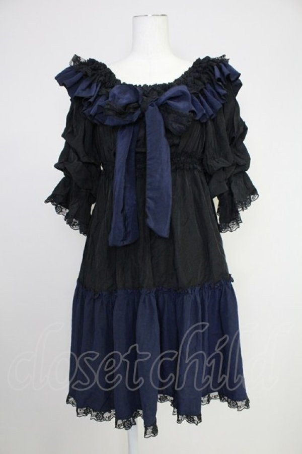 画像1: MR corset / シャーリングオフショルダーワンピース  黒Ｘ青 T-25-10-30-032-PU-OP-SA-ZT (1)