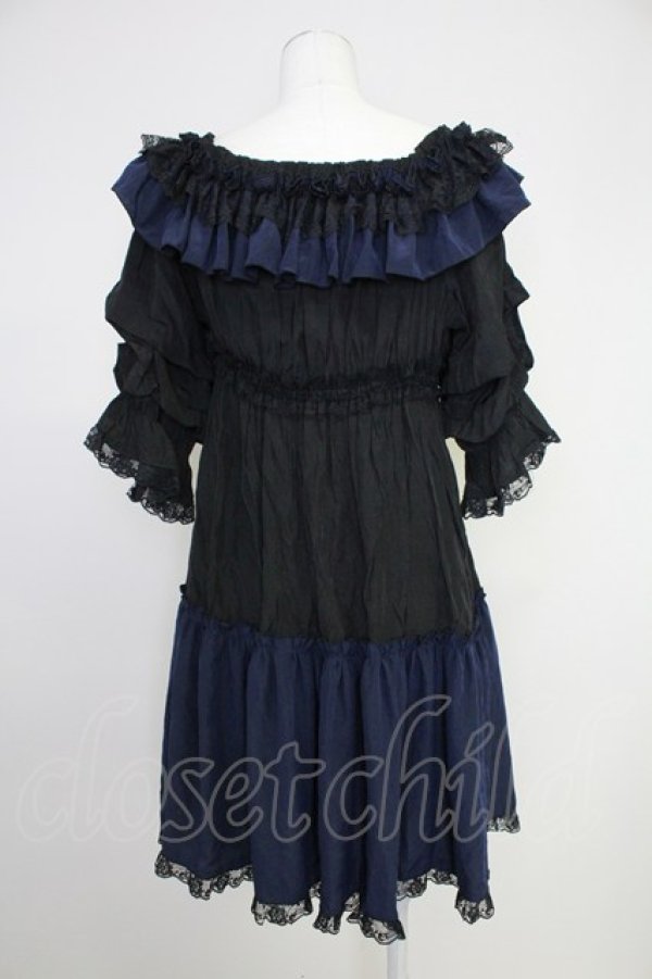 画像2: MR corset / シャーリングオフショルダーワンピース  黒Ｘ青 T-25-10-30-032-PU-OP-SA-ZT (2)