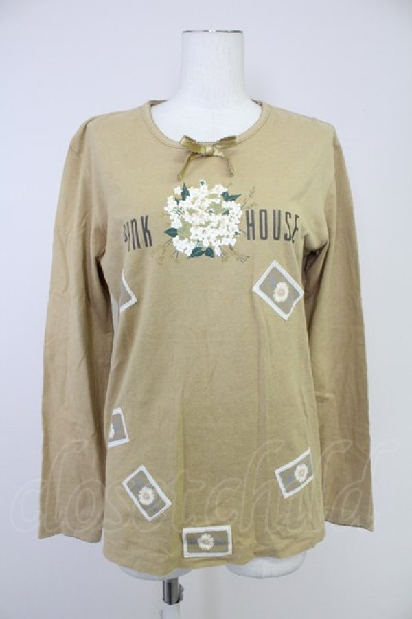 画像1: PINK HOUSE / ミモザ風ブーケプリント&雛菊ワッペンカットソー L ブラウン T-25-10-30-009-LO-TO-SA-ZI (1)