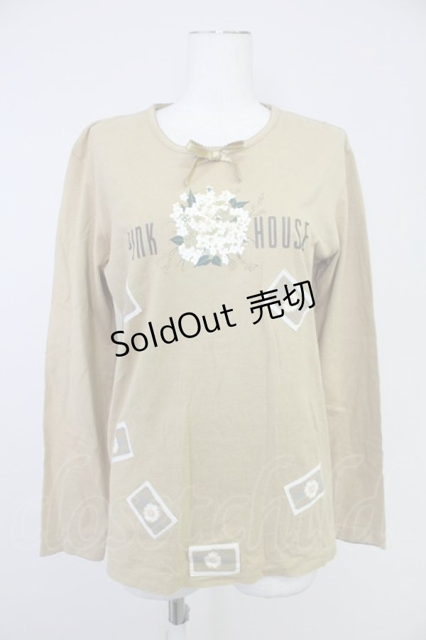 画像1: PINK HOUSE / ミモザ風ブーケプリント&雛菊ワッペンカットソー L ブラウン T-25-10-30-009-LO-TO-SA-ZI (1)