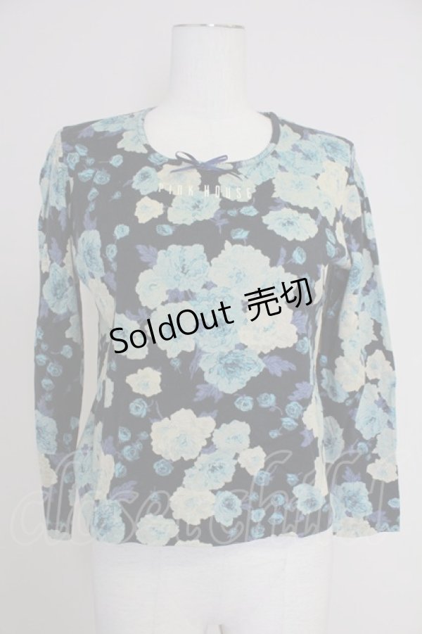 画像1: PINK HOUSE / 薔薇ブーケプリントカットソー  黒Ｘ青 T-25-10-30-013-LO-TO-SA-ZI (1)