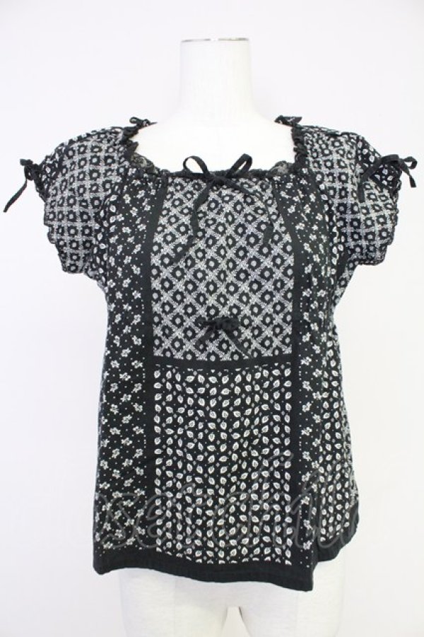 画像1: PINK HOUSE / パッチワーク風プリント半袖ブラウス  黒Ｘ白 T-25-10-30-016-LO-BL-SA-ZT (1)