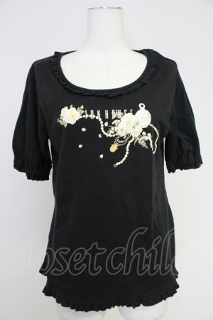 画像: PINK HOUSE / パールネックレスローズプリントカットソー  黒Ｘ白 T-25-10-30-018-LO-TO-SA-ZT