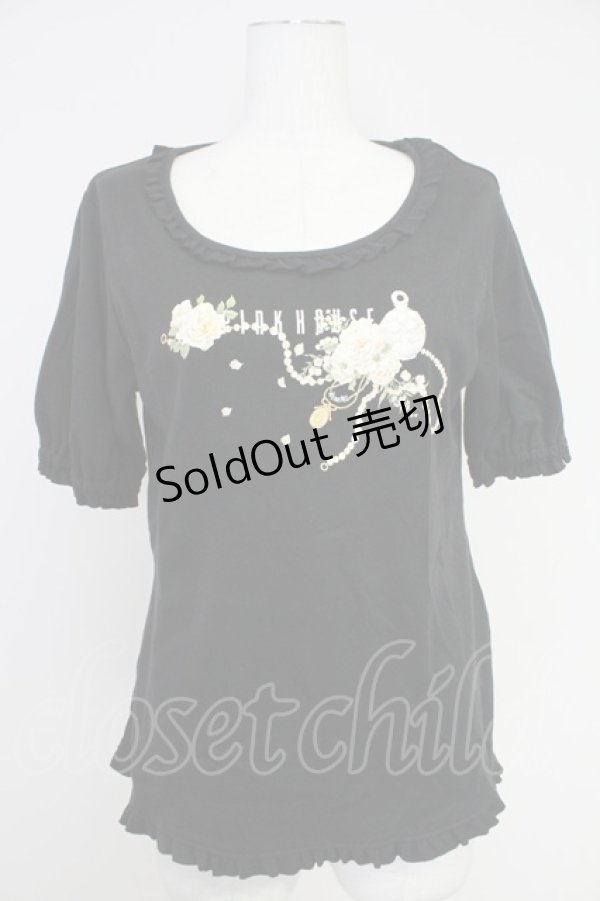 画像1: PINK HOUSE / パールネックレスローズプリントカットソー  黒Ｘ白 T-25-10-30-018-LO-TO-SA-ZI (1)