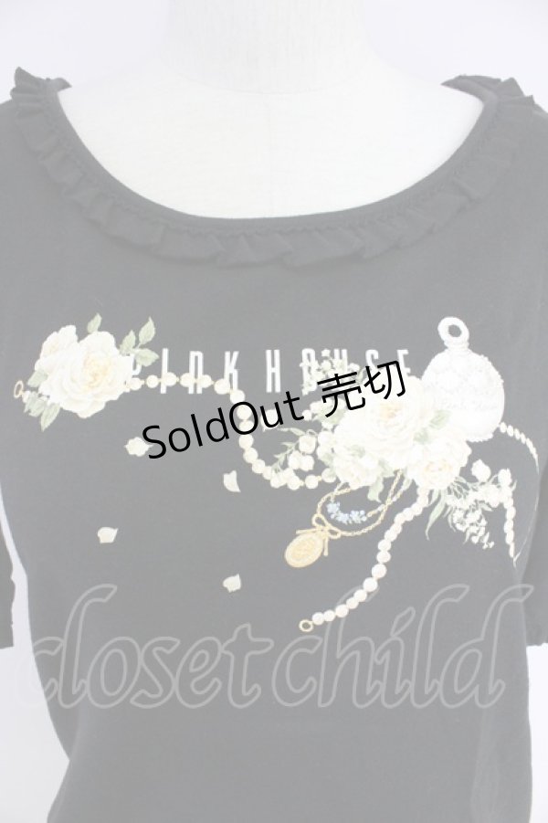 画像3: PINK HOUSE / パールネックレスローズプリントカットソー  黒Ｘ白 T-25-10-30-018-LO-TO-SA-ZI (3)
