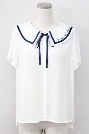 画像: Rydia / 襟刺繍セーラー半袖ブラウス  白Ｘネイビー T-25-11-06-004-PU-BL-SA-ZT