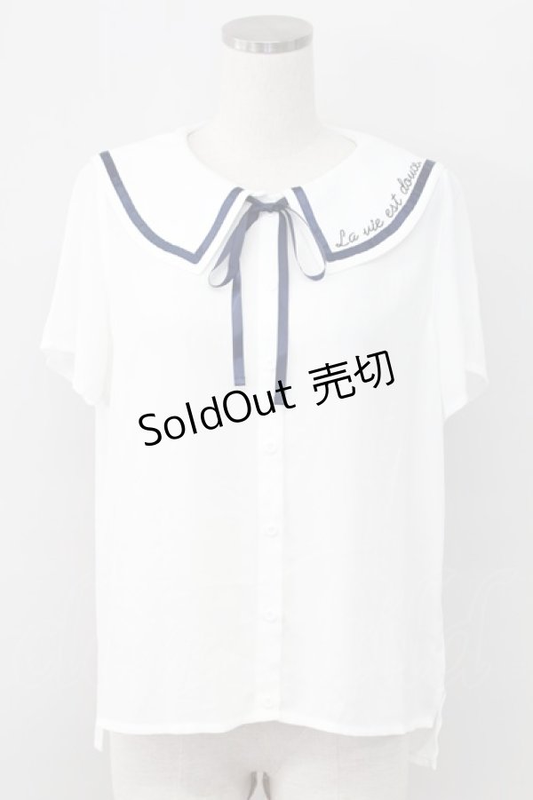 画像1: Rydia / 襟刺繍セーラー半袖ブラウス  白Ｘネイビー T-25-11-06-004-PU-BL-SA-ZI (1)